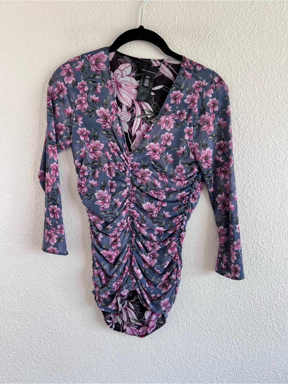 WHBM Women's 3/4 Sleeve Reversible Mesh Deep V-Neck Blouse Purple XXS